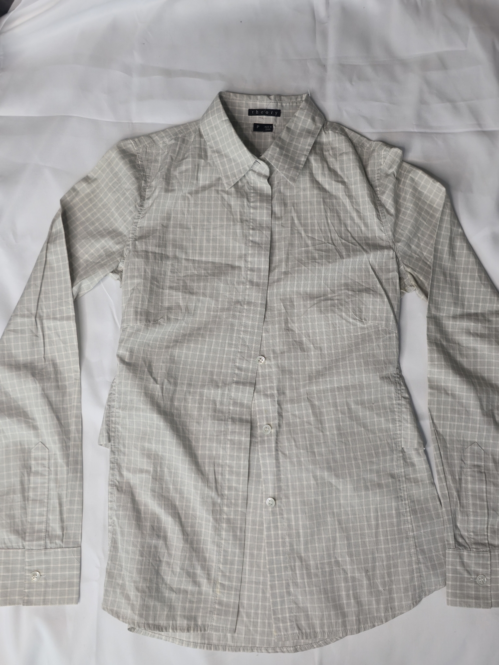 Theory Women's Gray Plaid Cotton Button Down Shirt Lace Up Back Size P